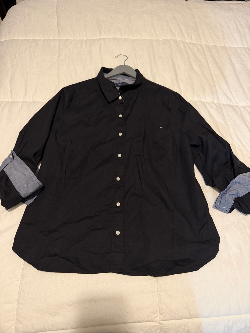 Tommy Hilfiger Black Button-Down Shirt with Blue Cuff Detail